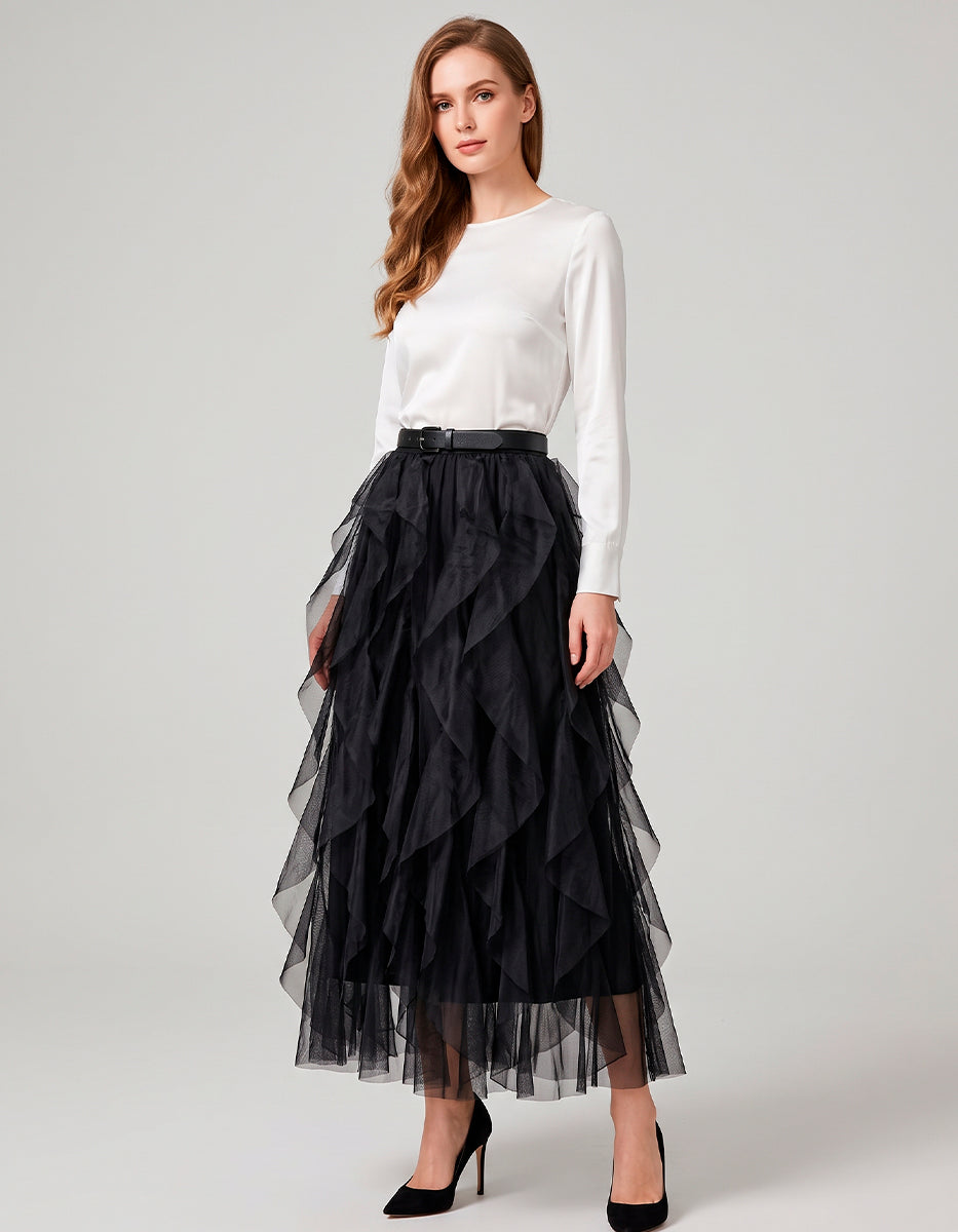 Falda Maxi de Organza Negra con Cascadas de Holanes Verticales