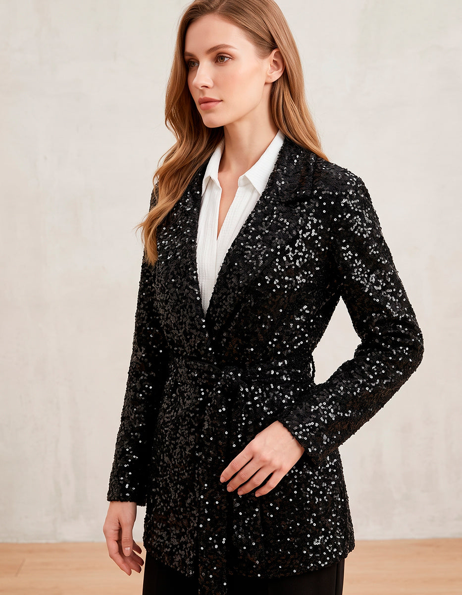 Saco Blazer Tuxedo en Lentejuelas Negro Azabache con Botonadura Frontal