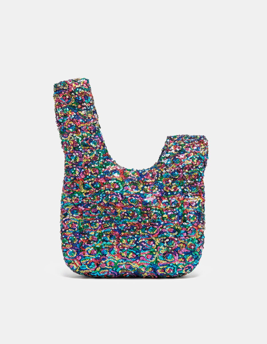 Bolso asimétrico de lentejuelas multicolor con forro negro