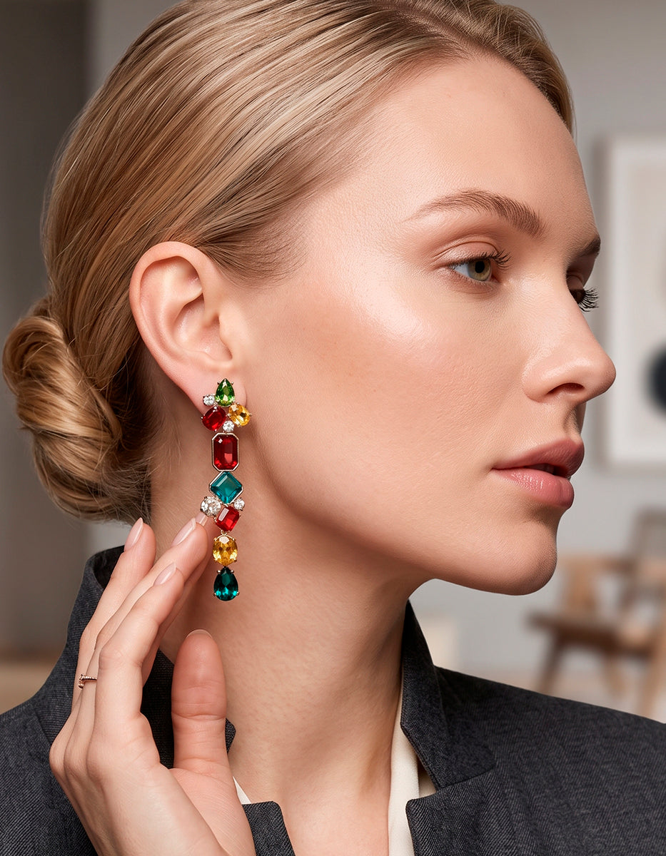 Aretes de Oro Laminado de 22K con Esmeralda de Bombay, Citrino, Rubelita y Topacios Blancos.
