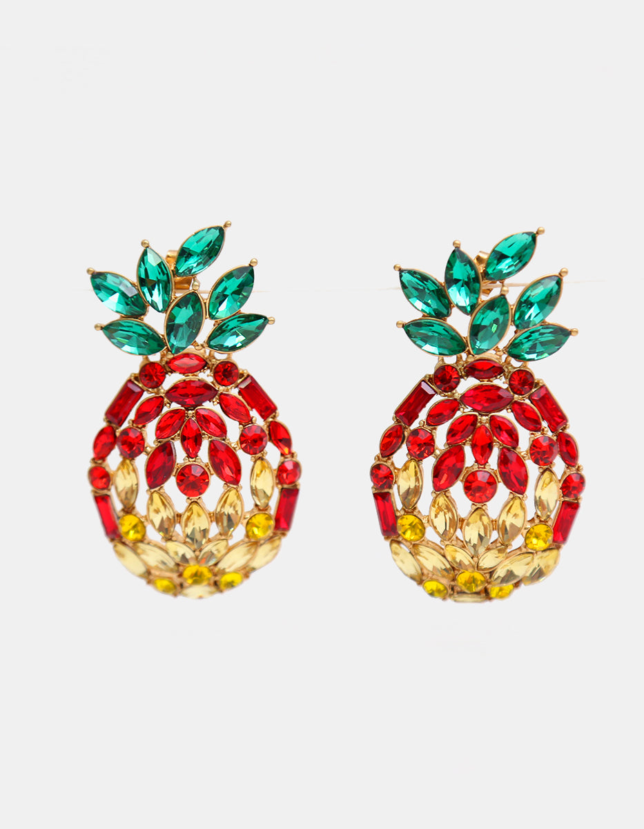 Aretes de piña en oro laminado de 22kt con espinolitas en rojo, amarillo y verde