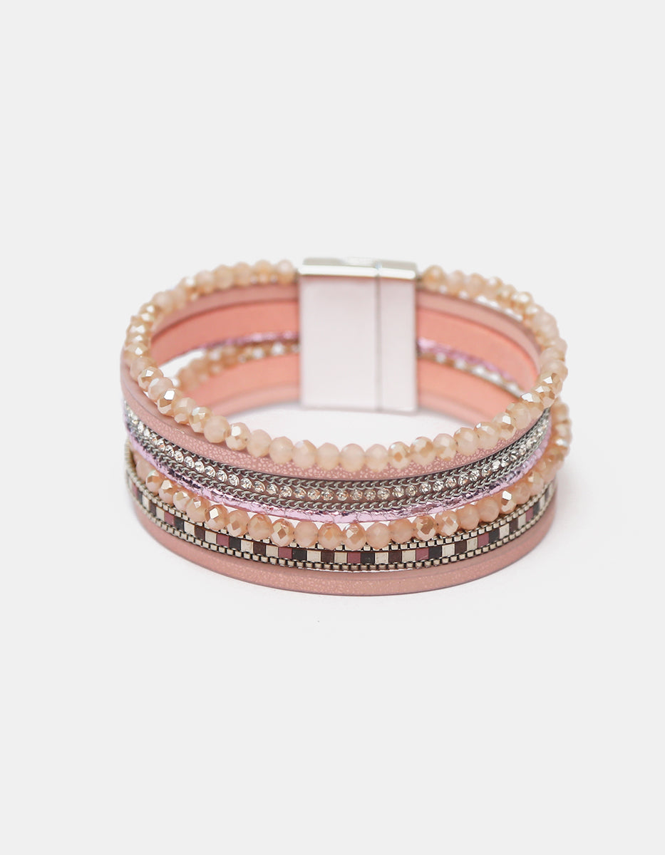 Pulsera de 6 Hilos Rosa Palo con Cristal Austriaco, Patrón Geométrico y Cierre Magnético