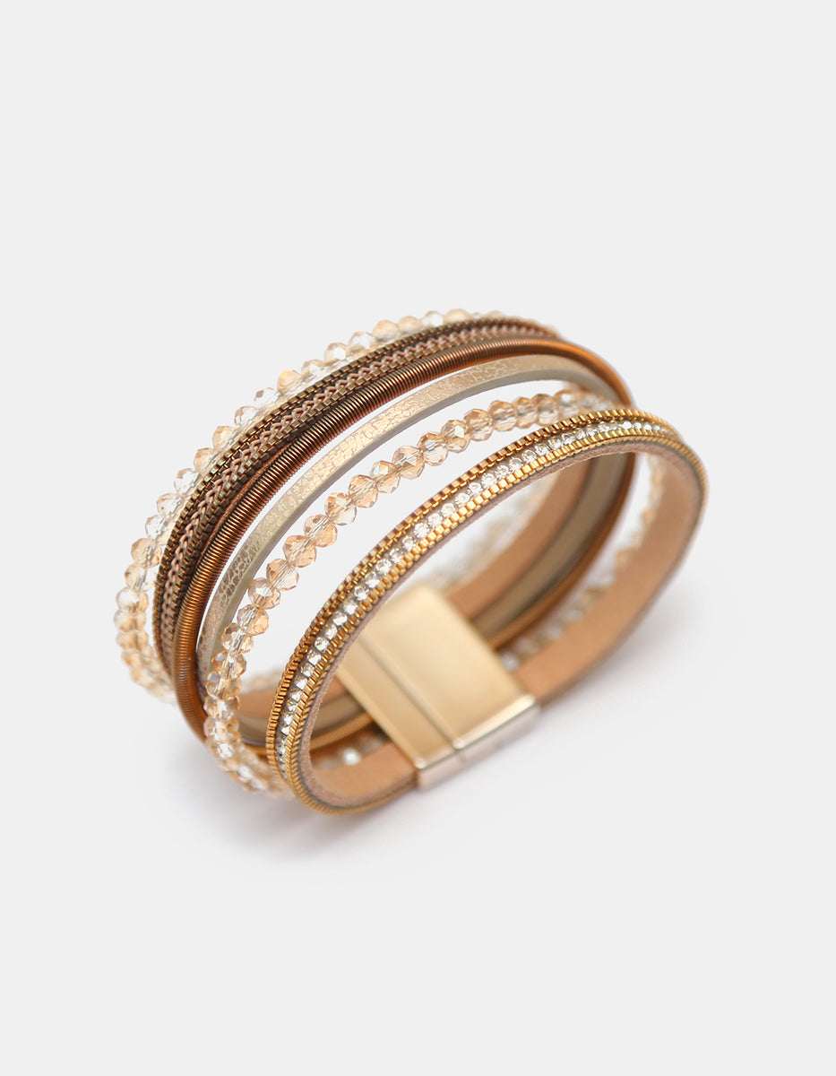 Pulsera de 6 Hilos Tono Café y Dorado con Cristal Austriaco y Cierre Magnético