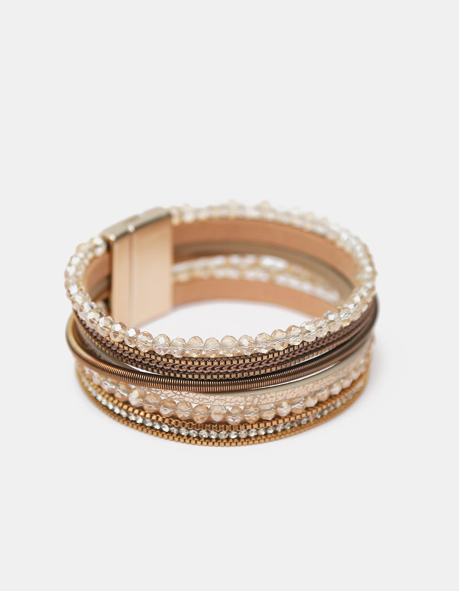 Pulsera de 6 Hilos Tono Café y Dorado con Cristal Austriaco y Cierre Magnético