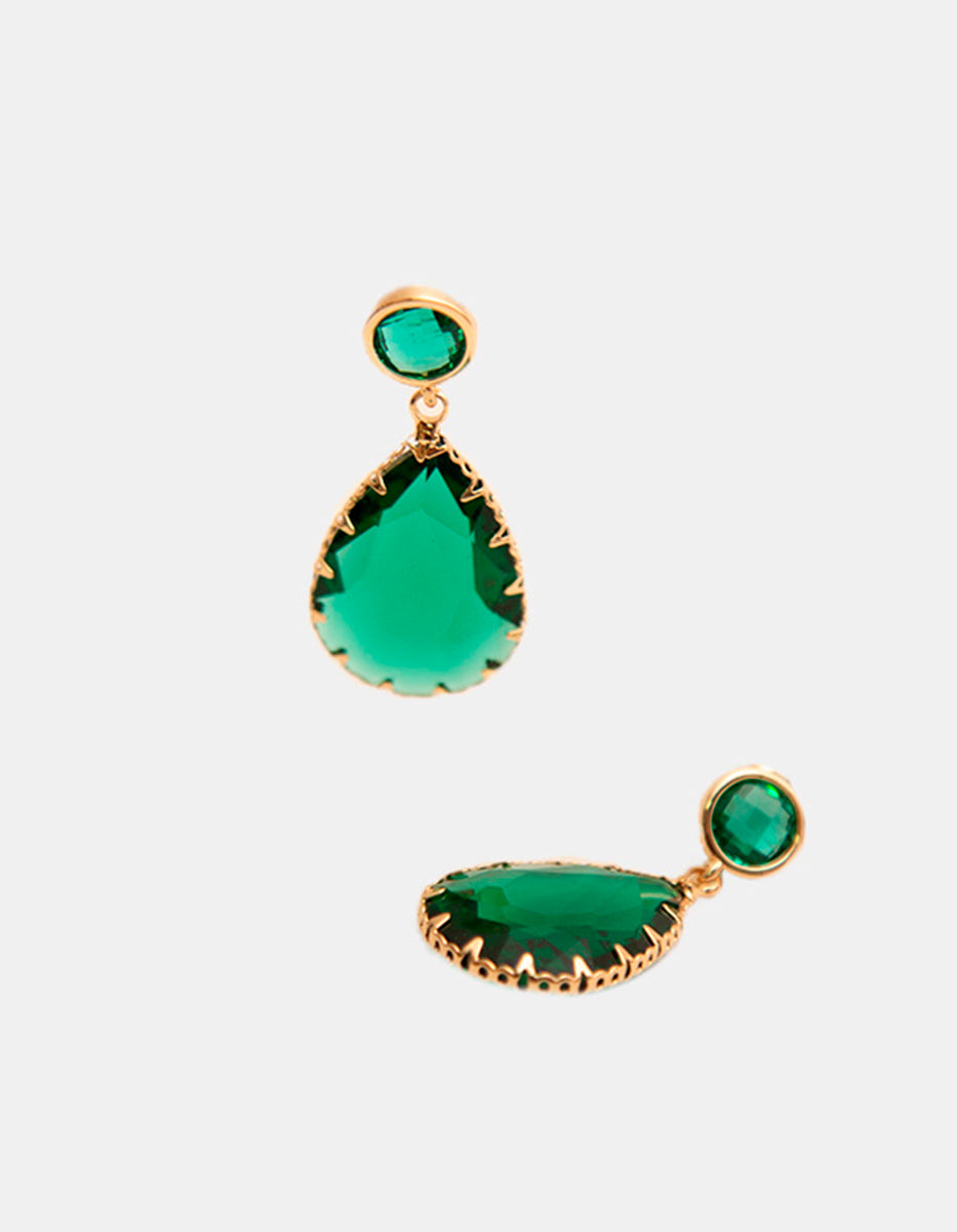 Aretes de Oro laminado de 22kt con doble gema Espinolita tono Verde Esmeralda en corte Pera