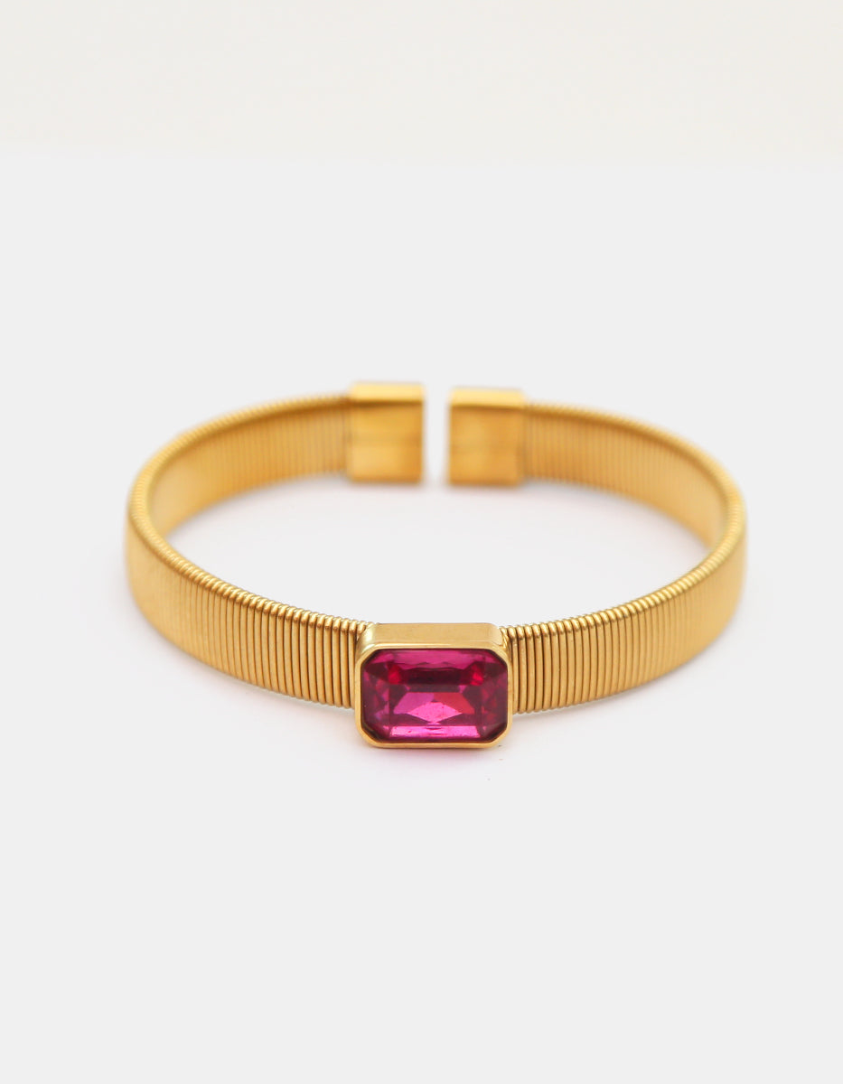 Brazalete de bronce con baño oro 22 kt y espinolita® Rosa en corte radiante