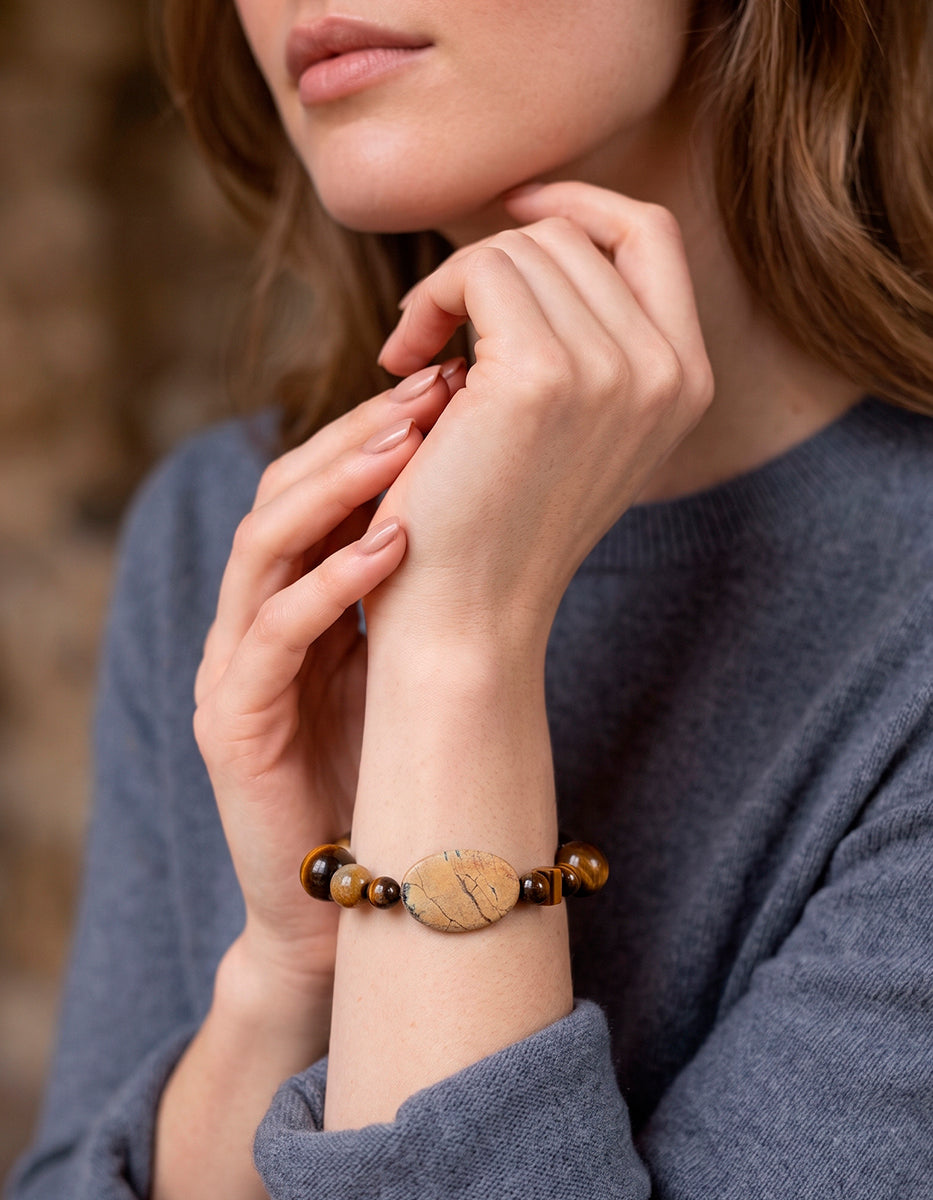 Pulsera de Piedras Naturales Ojo de Tigre y Jaspe en Formas Geométricas Mixtas