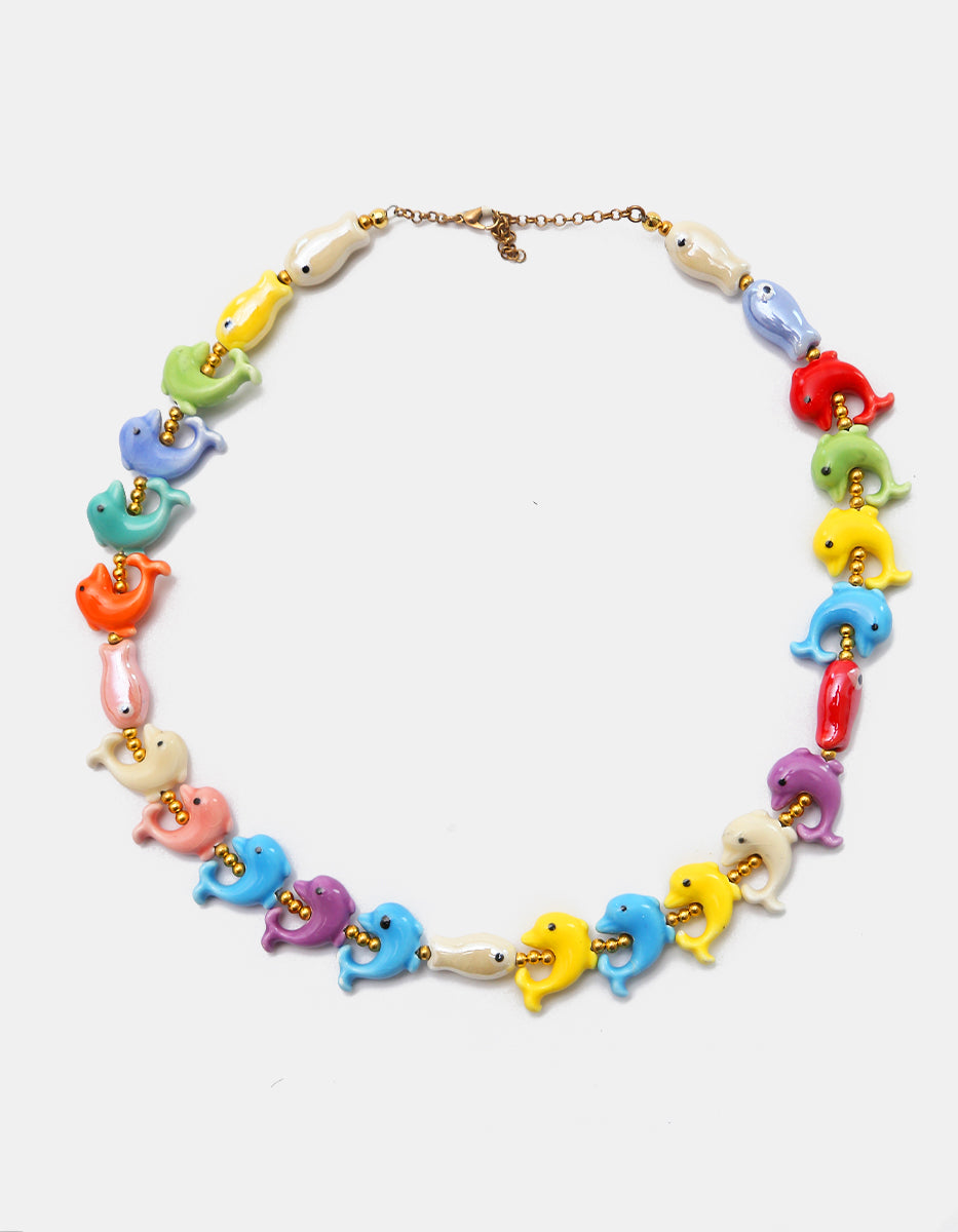 Collar de delfines multicolores en cerámica multicolor y Gold-Filled Ultramar