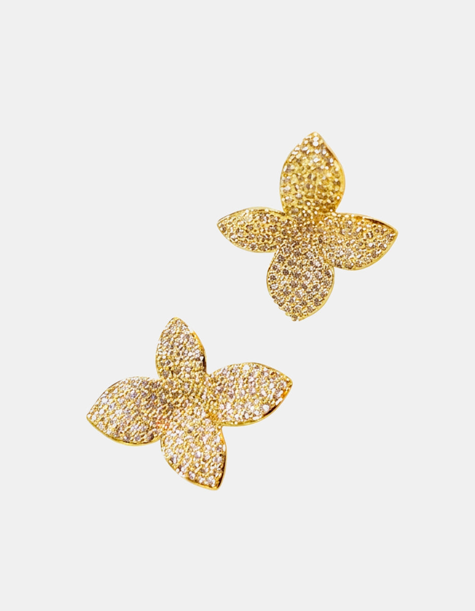 Aretes de bronce con baño de oro 22k en forma de flor con topacios blancos corte brillante Festive Style