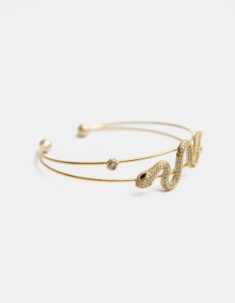 Brazalete en baño de oro de 22 kt con diseño de serpiente en dos hilos y topacios blancos Festive Style