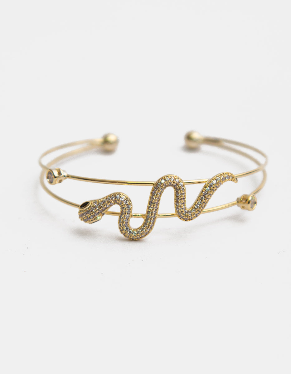 Brazalete en baño de oro de 22 kt con diseño de serpiente en dos hilos y topacios blancos Festive Style