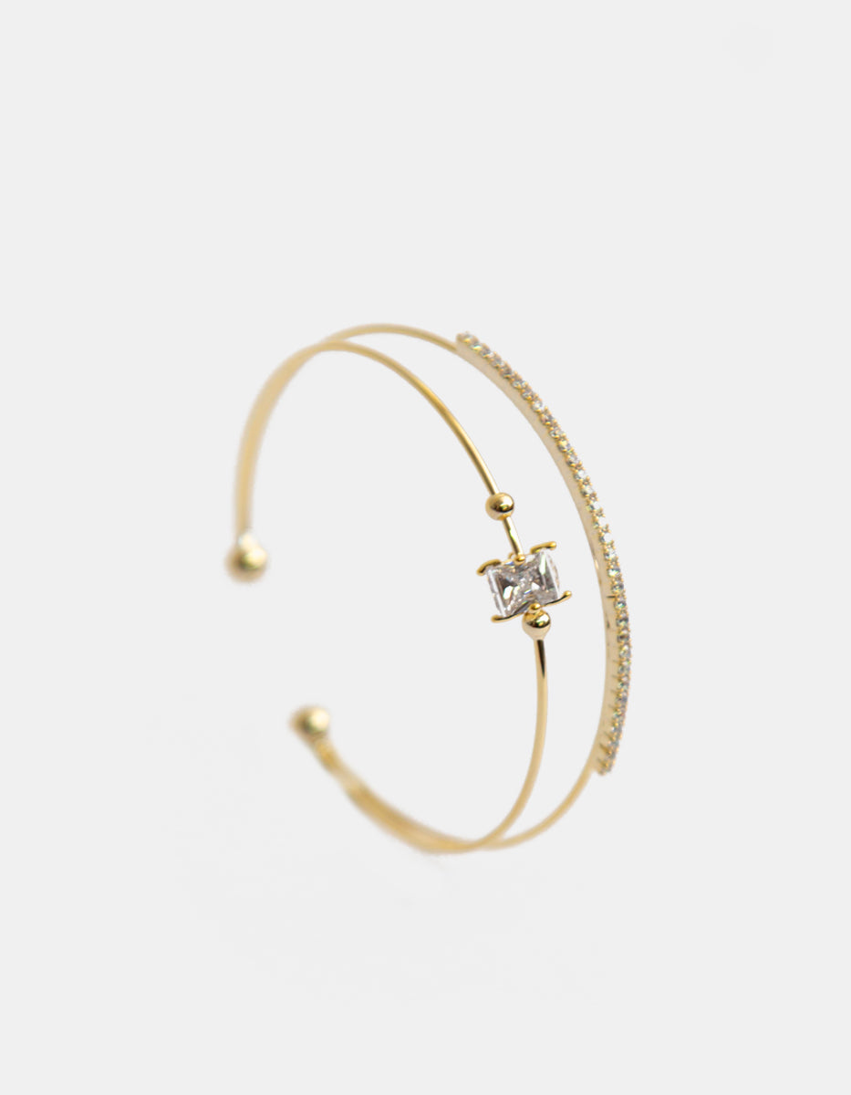 Brazalete con Baño de Oro 22 kt Doble Hilo con Topacio Blanco Cúbico Central y Topacios Blancos Festive Style