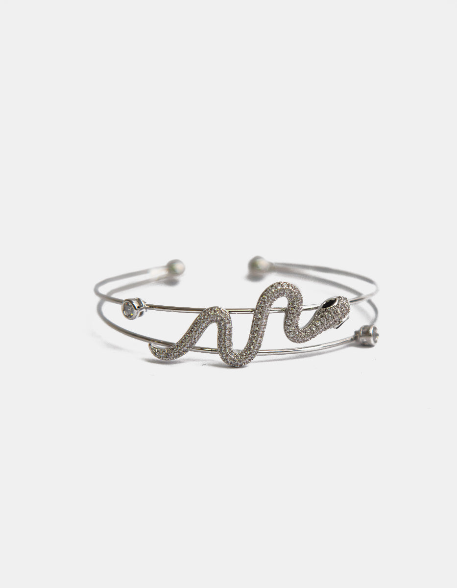 Brazalete con baño de platino doble hilo con serpiente, ágata y topacios blancos Festive Style