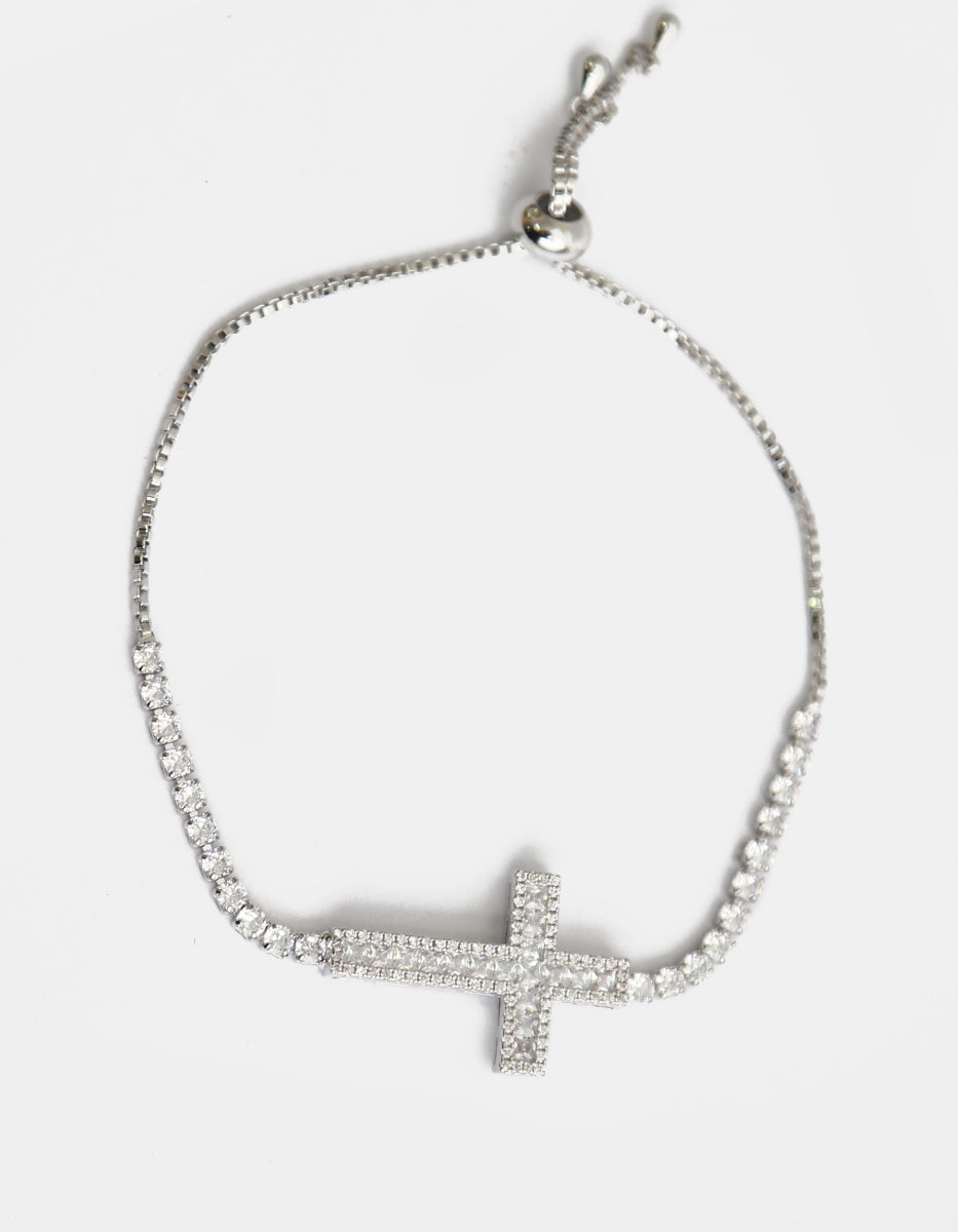 Pulsera ajustable de metal noble con cruz y topacios blancos en corte Brillante Festive Style