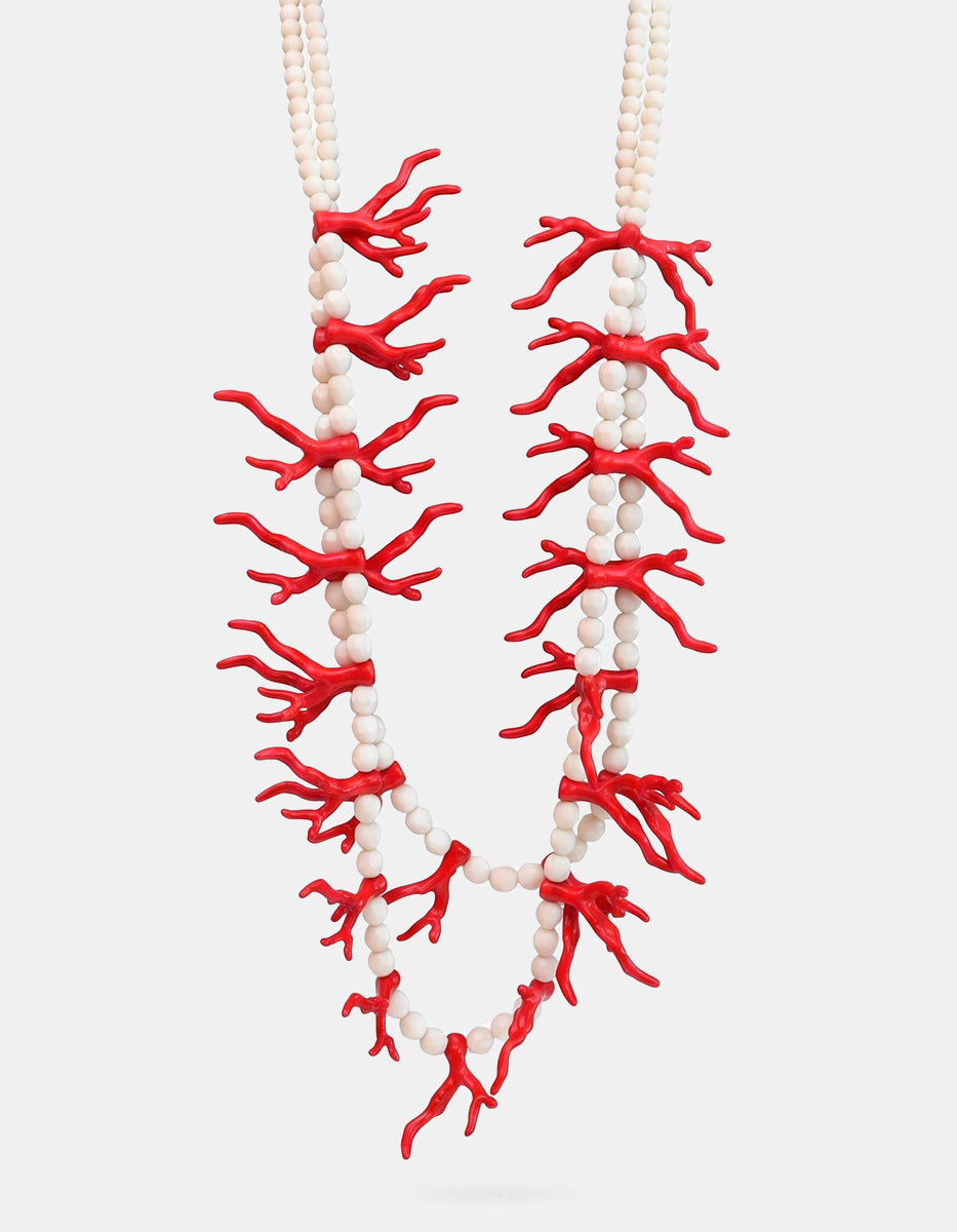 Collar doble tira de cuentas marfil con ramificaciones de baquelita roja Ultramar