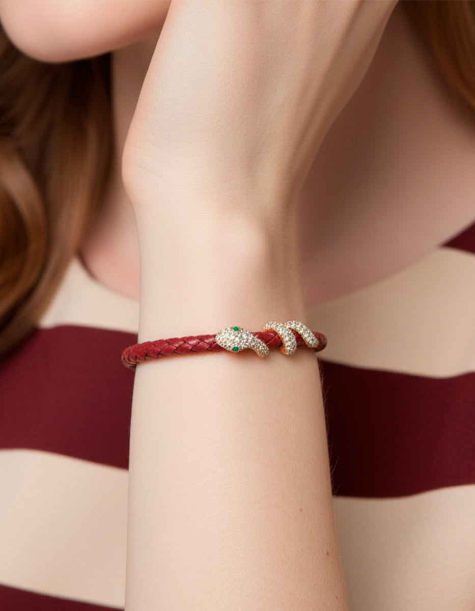 Pulsera de Piel adornada con serpiente con pavè de circonitas blancas Poison Deluxe