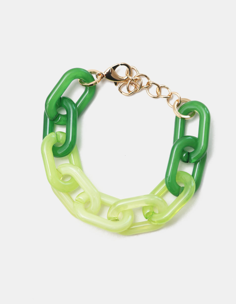 Pulsera de eslabones de acrílico bitono verde lima y bosque con cierre en gold-filled Ultramar