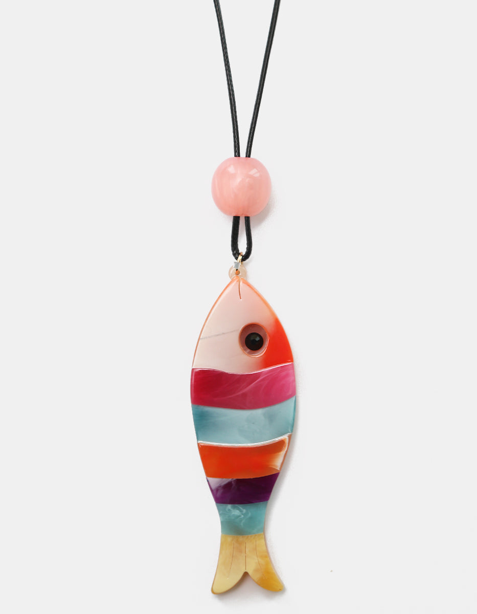 Collar Largo Dije Pez de Baquelita Multicolor con Cordón Negro y Cuentas Rosa Ultramar