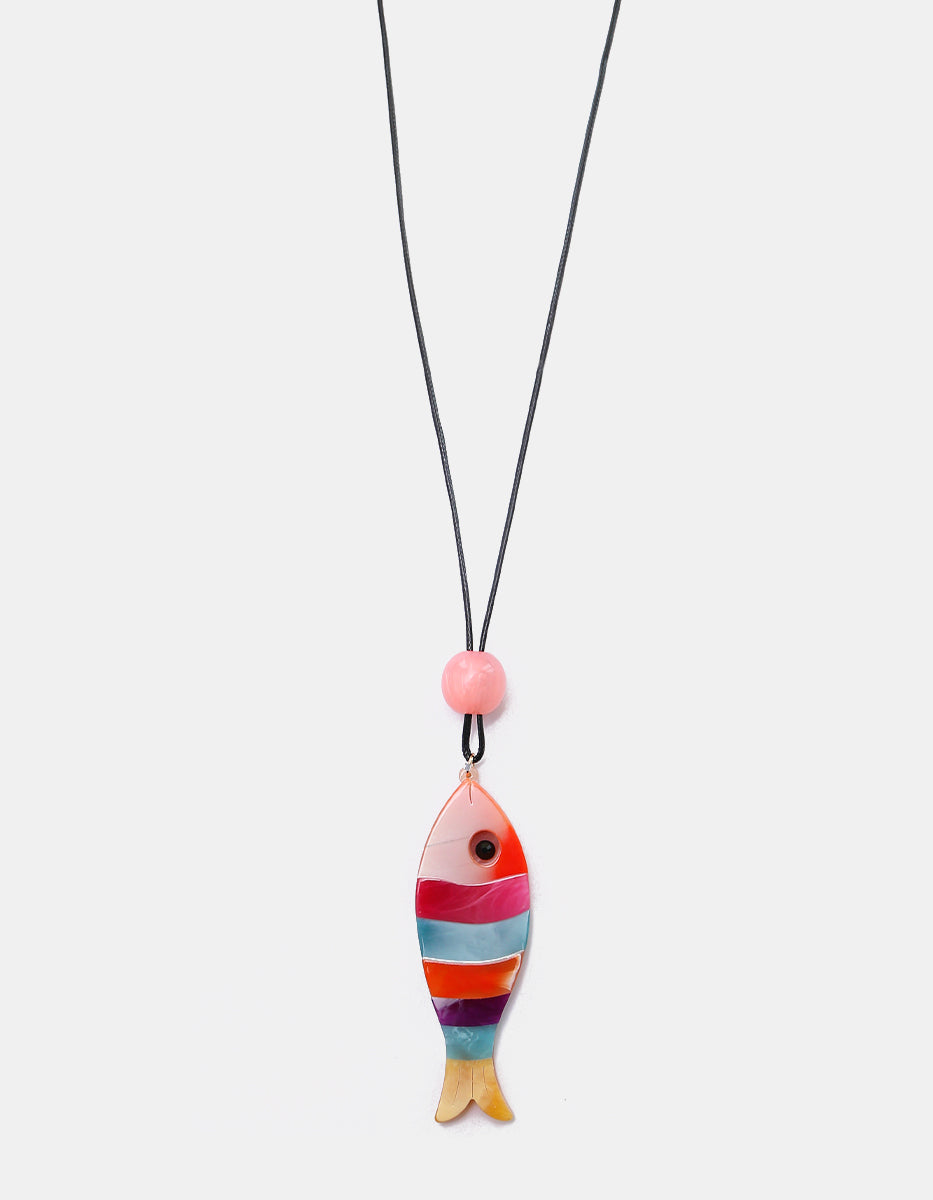 Collar Largo Dije Pez de Baquelita Multicolor con Cordón Negro y Cuentas Rosa Ultramar