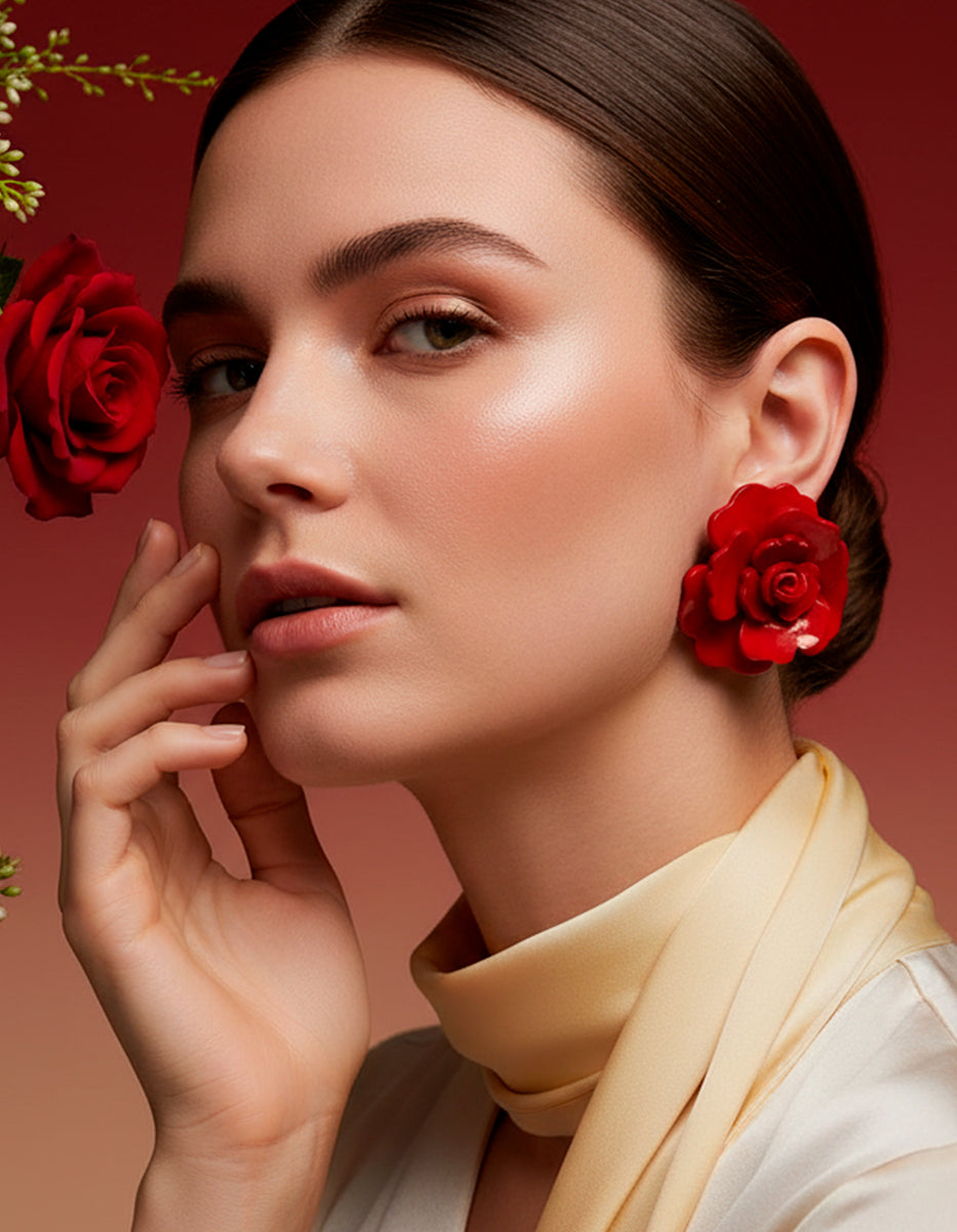 Aretes de Baquelita con forma de Flor en Tono Rojo Mandragora