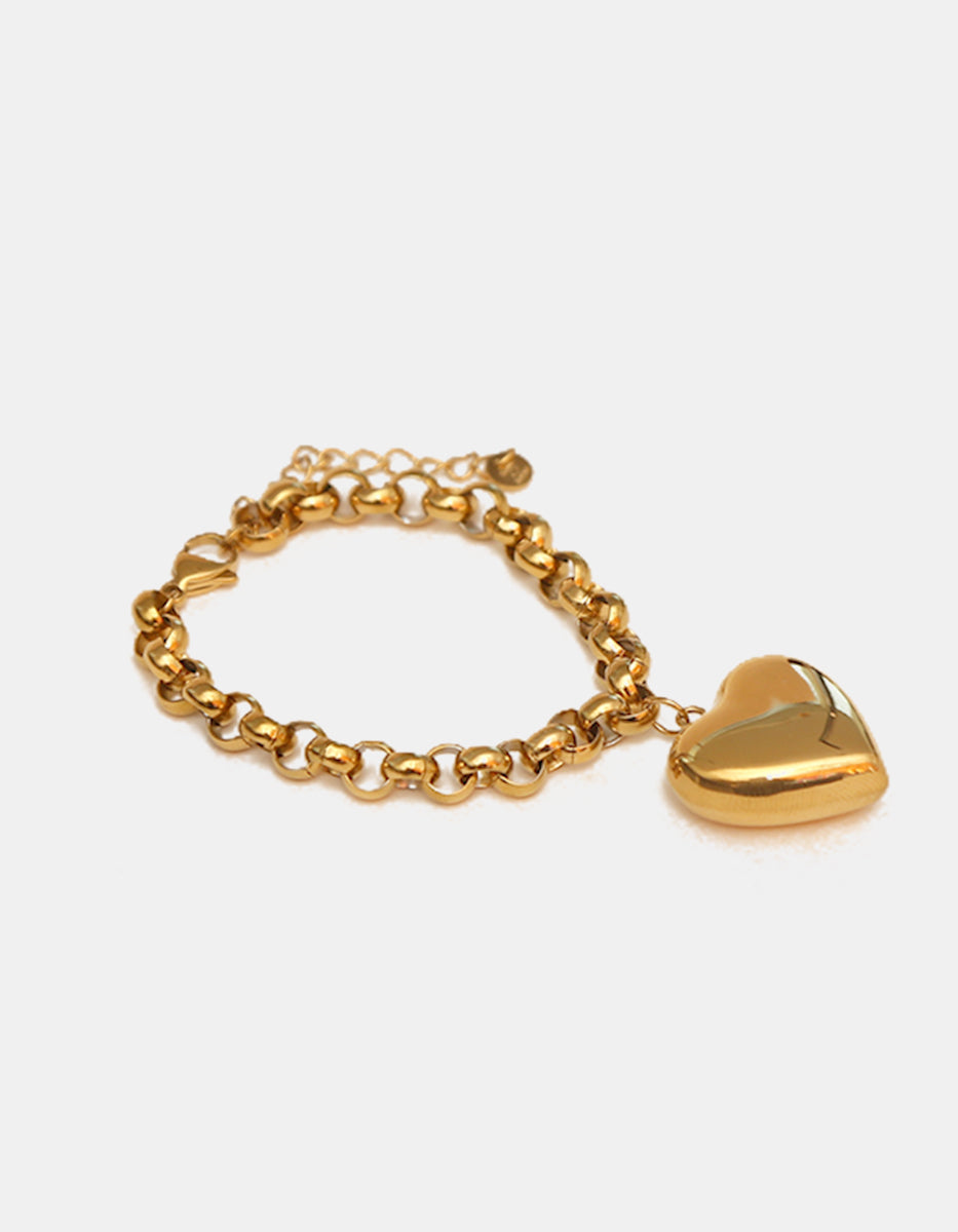Pulsera en bronce con baño de oro 22 kt y charm de corazón pulido Love Story