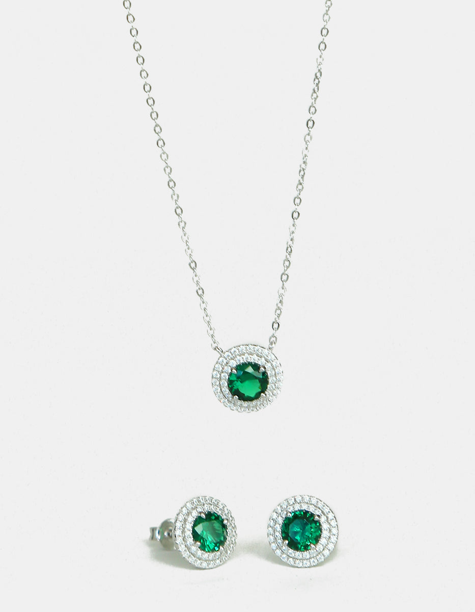 Set de Colgante y Aretes en Plata 925 bañada en Rodio Blanco con Esmeralda de Bombay Verde Eterna Silver