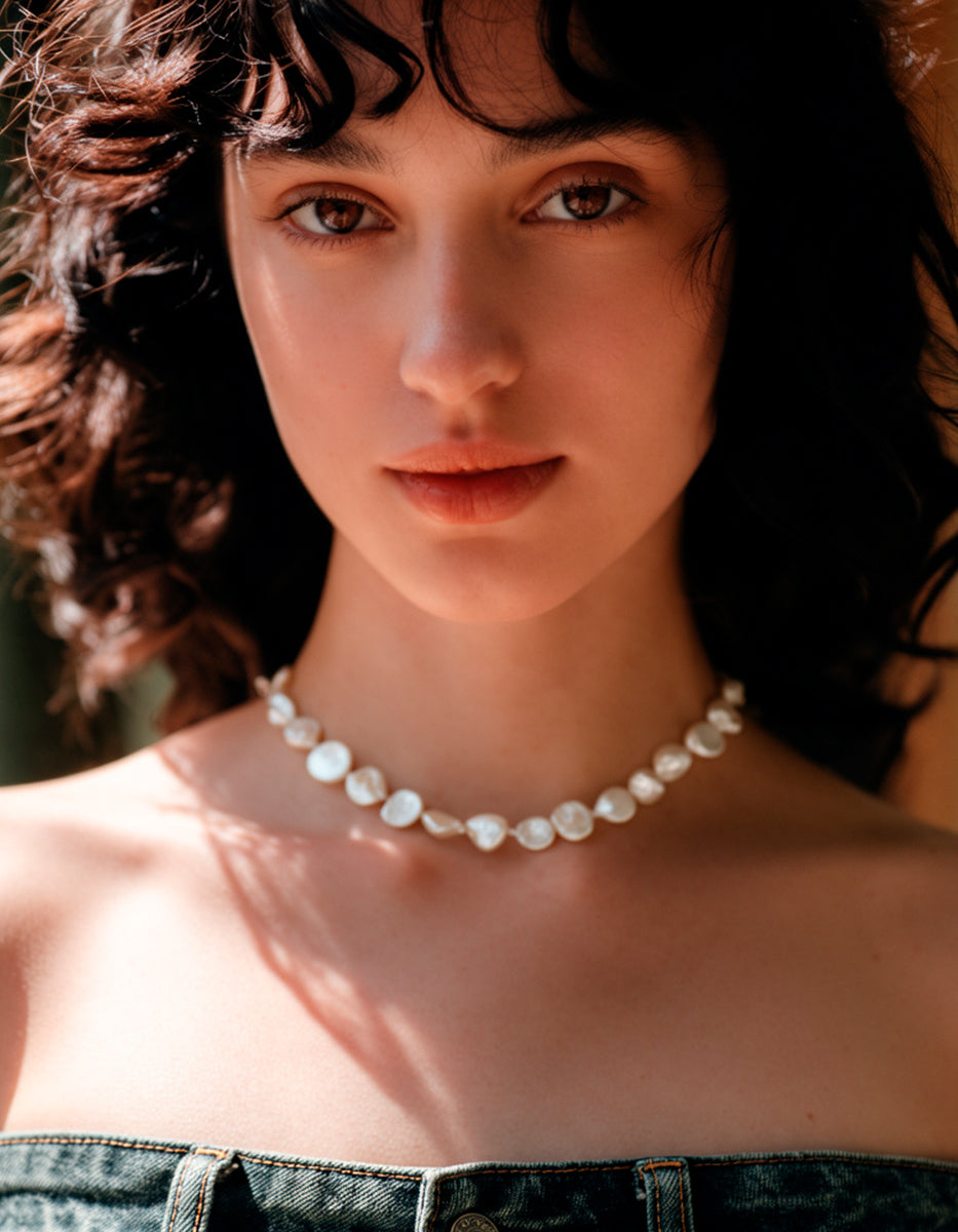 Collar anudado perla "coin" japonesa 12mm de 45cm largo · Crush