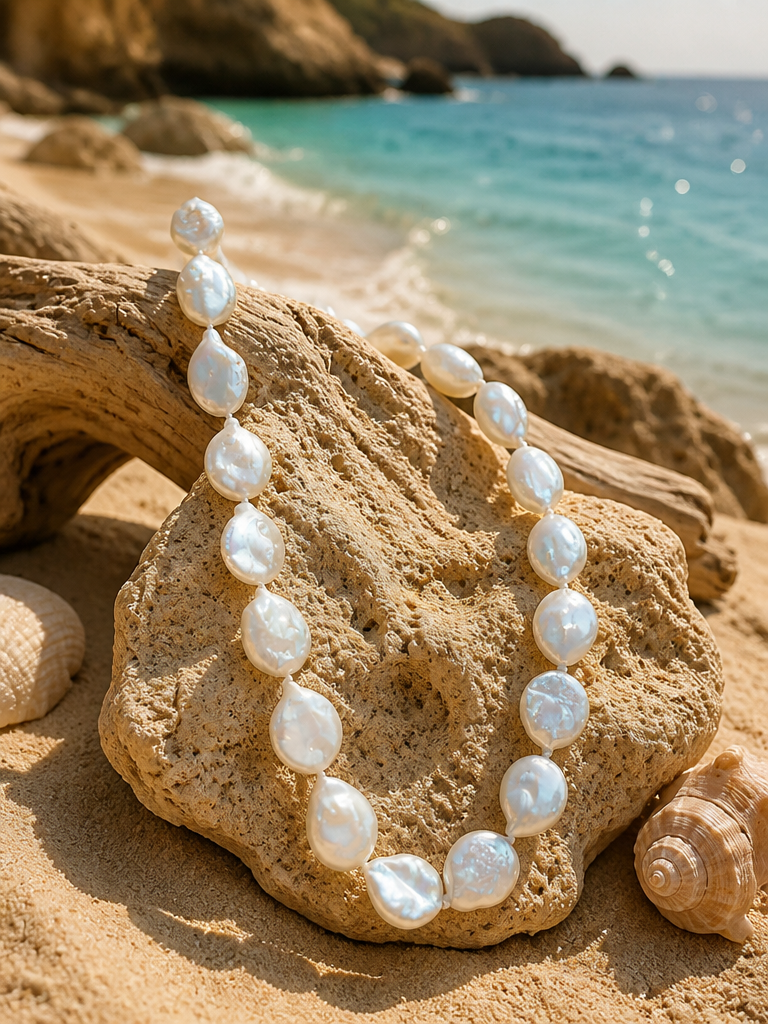Collar anudado perla "coin" japonesa 12mm de 45cm largo · Crush