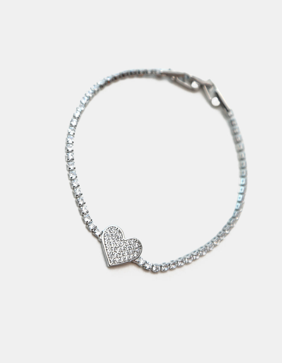 Pulsera en plata .925 con topacios blancos y dije de corazón pavé Love Story