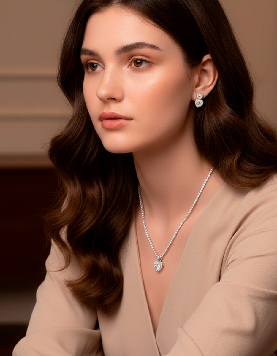 Set de collar en plata .925 con topacio en corte corazón y aretes con doble topacio en corte corazón Love Story