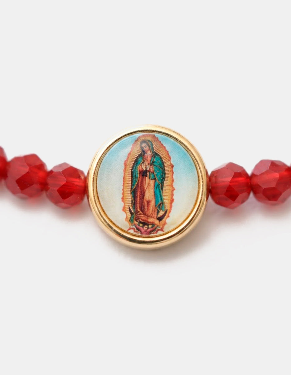 Pulsera de Cristal Austriaco Rojo carmesí con Charm de la virgen de Guadalupe