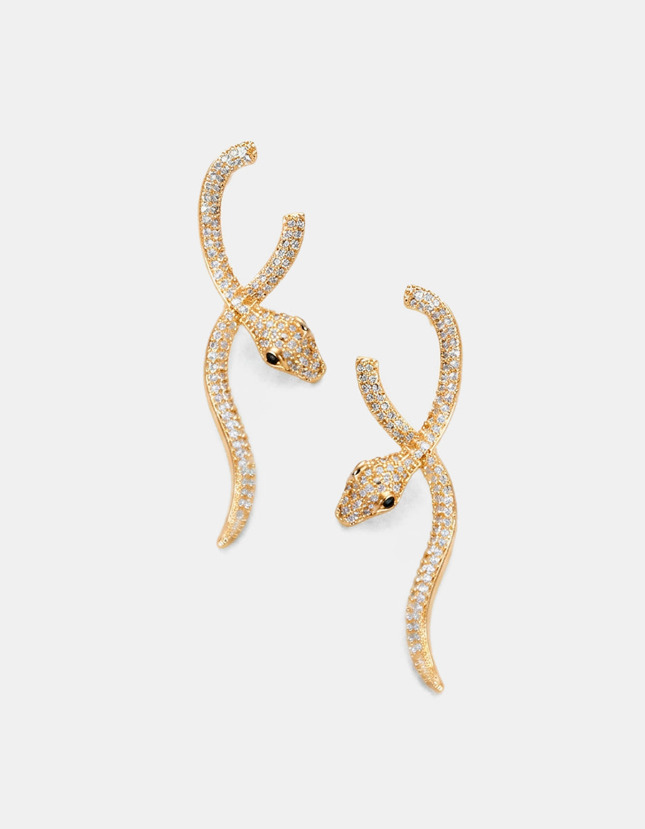 Aretes de bronce con baño de oro 22k en forma de serpiente con topacios blancos corte brillante y espinela negra Festive Style