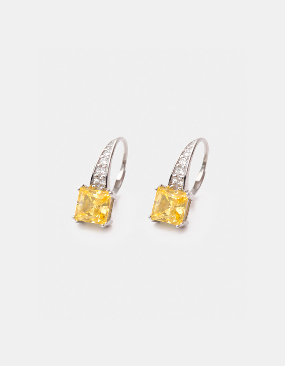Aretes de Plata .925 con Citrinos amarillos en corte princesa y Topacios blancos Seducción
