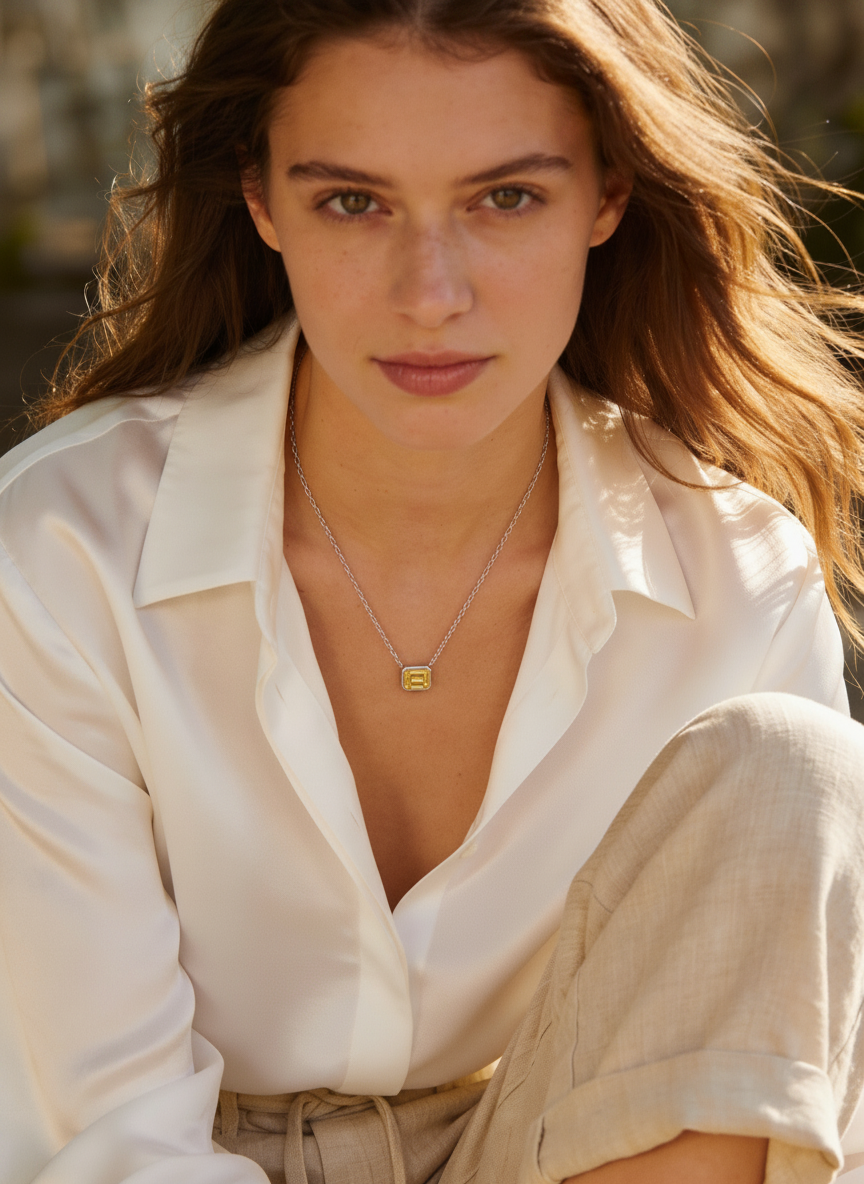 Collar de Plata .925 con dije de citrino amarillo en corte radiante Seducción