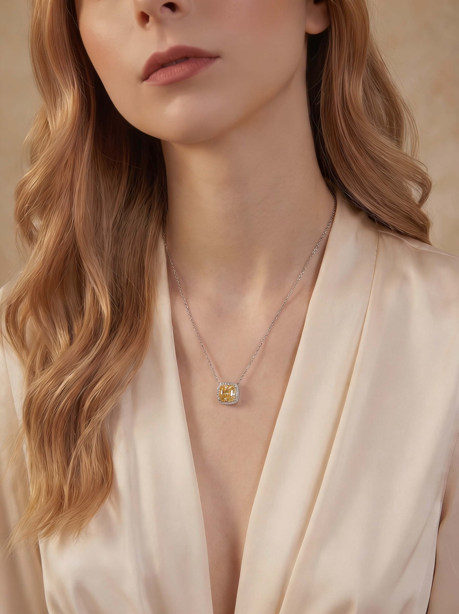 Collar de Plata .925 con dije de citrino amarillo en corte cojín y topacios blancos Seducción