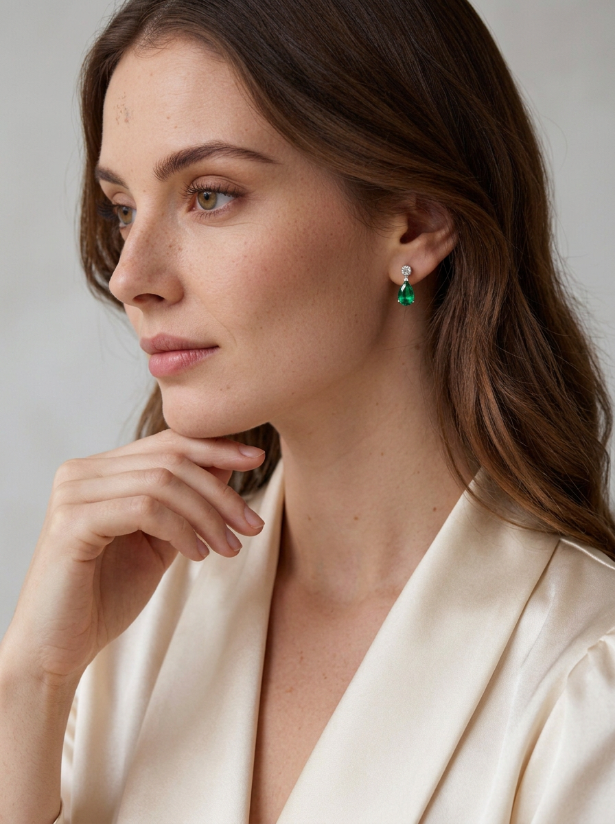 Aretes de Plata .925 bañada en Rodio Blanco con esmeraldas de Bombay y topacios blancos Eterna Silver