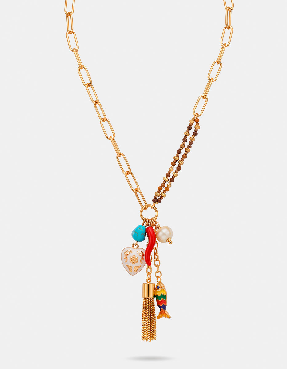 Collar de bronce con baño de oro y dijes talismán con perla, turquesa y borla Ultramar