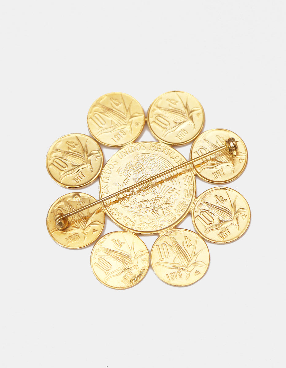 Prendedor en Rosetón de 9 Monedas Vintage en Baño de Oro de 22kt