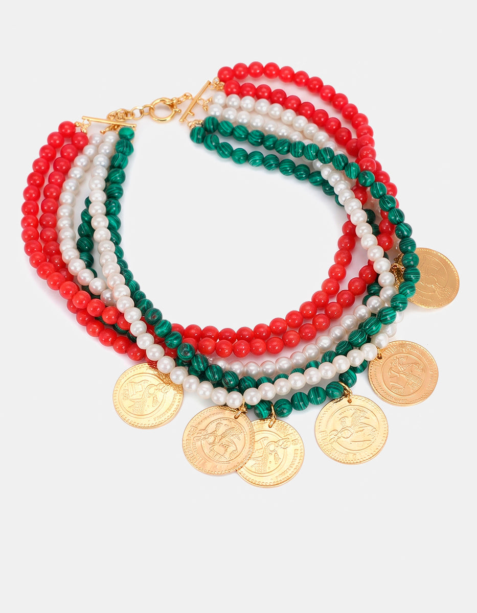 Collar Multihilos Cuentas Tricolor y Monedas Vintage en Baño de Oro de 22kt Memorias