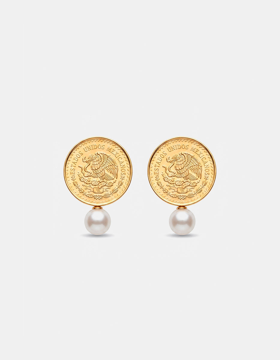 Aretes con Moneda Conmemorativa con Águila Real en baño de oro de 22kt y Perla Mabe