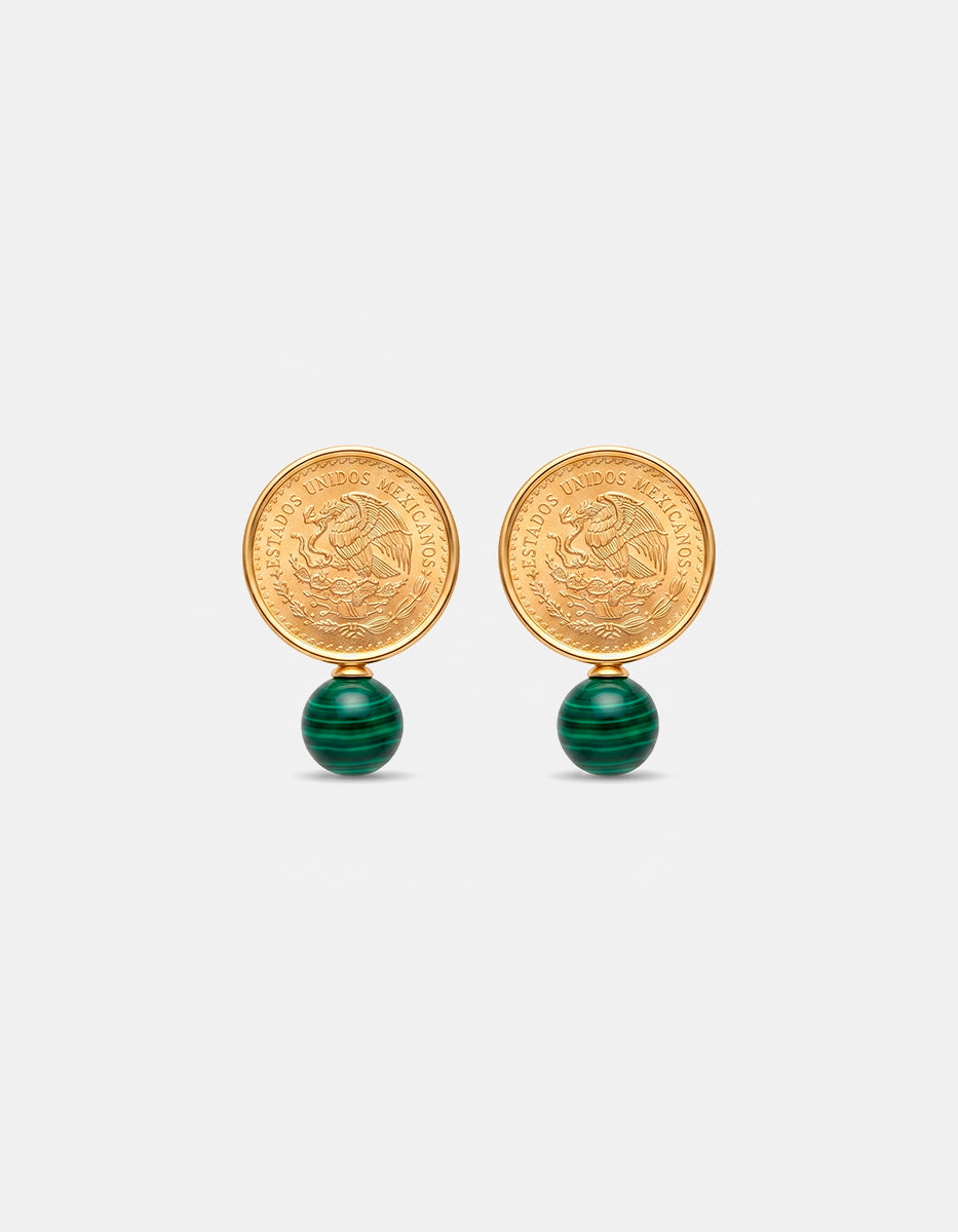 Aretes con Moneda Conmemorativa con Águila Real en baño de oro de 22kt y malaquita