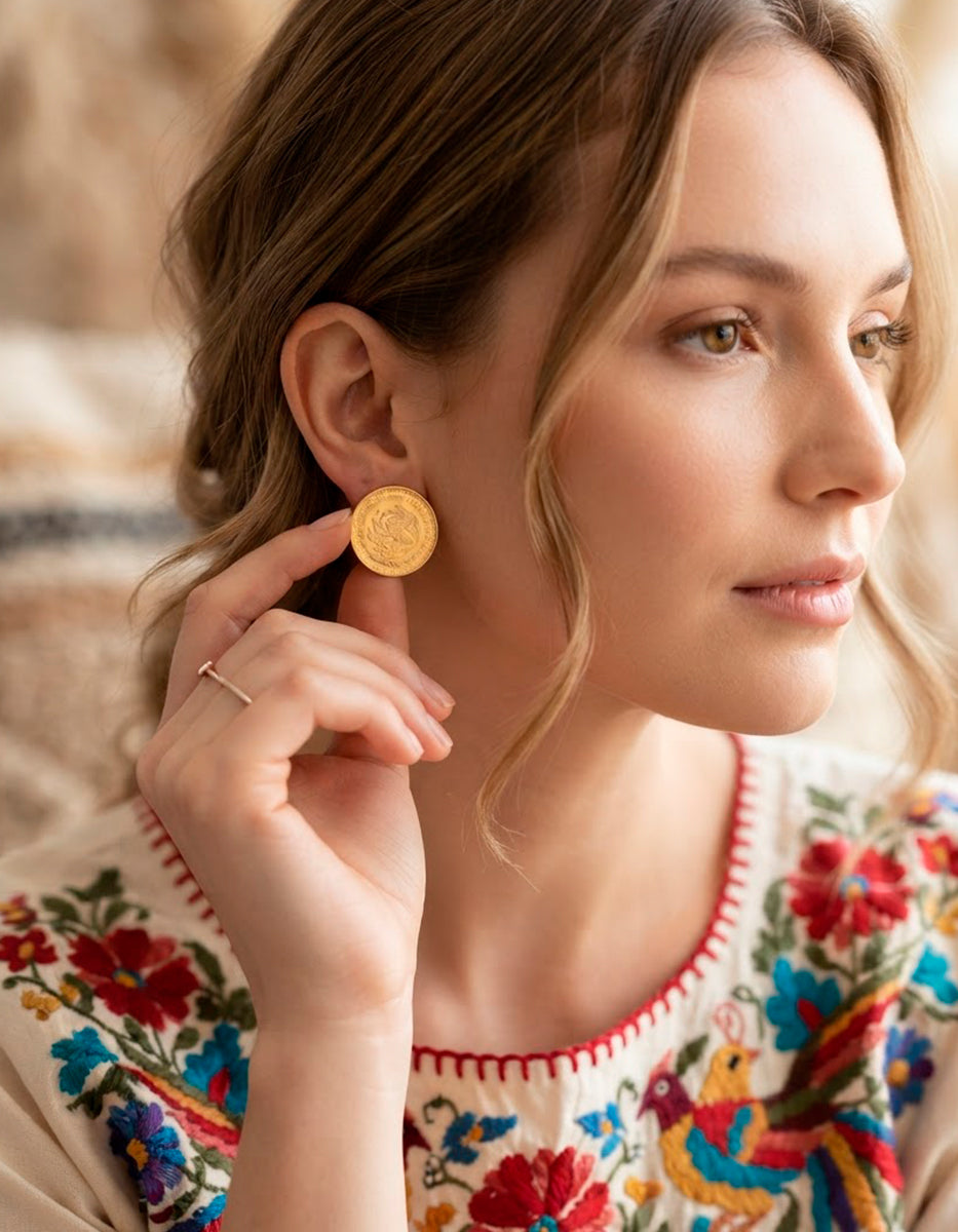 Aretes de Moneda de 5 Pesos Quetzalcóatl en Baño de Oro de 22kt