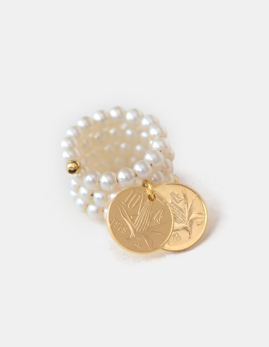 Anillo de Perlas Multihilo con Doble Moneda Vintage Maíz en Baño de Oro de 22kt