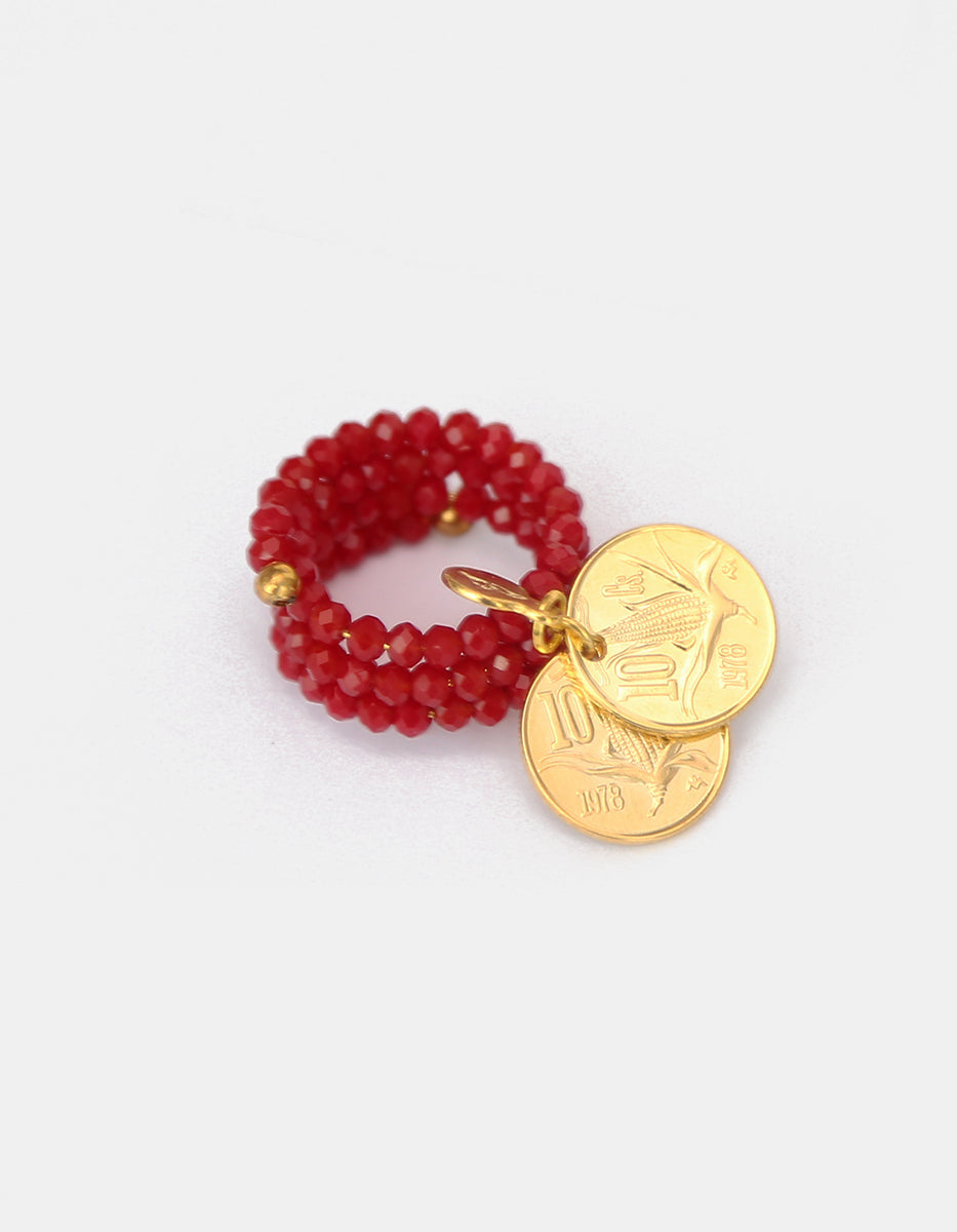 Anillo de Cristal austriaco rojo con Doble Moneda Vintage en Baño de Oro de 22kt