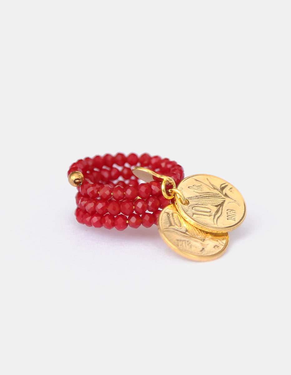 Anillo de Cristal austriaco rojo con Doble Moneda Vintage en Baño de Oro de 22kt