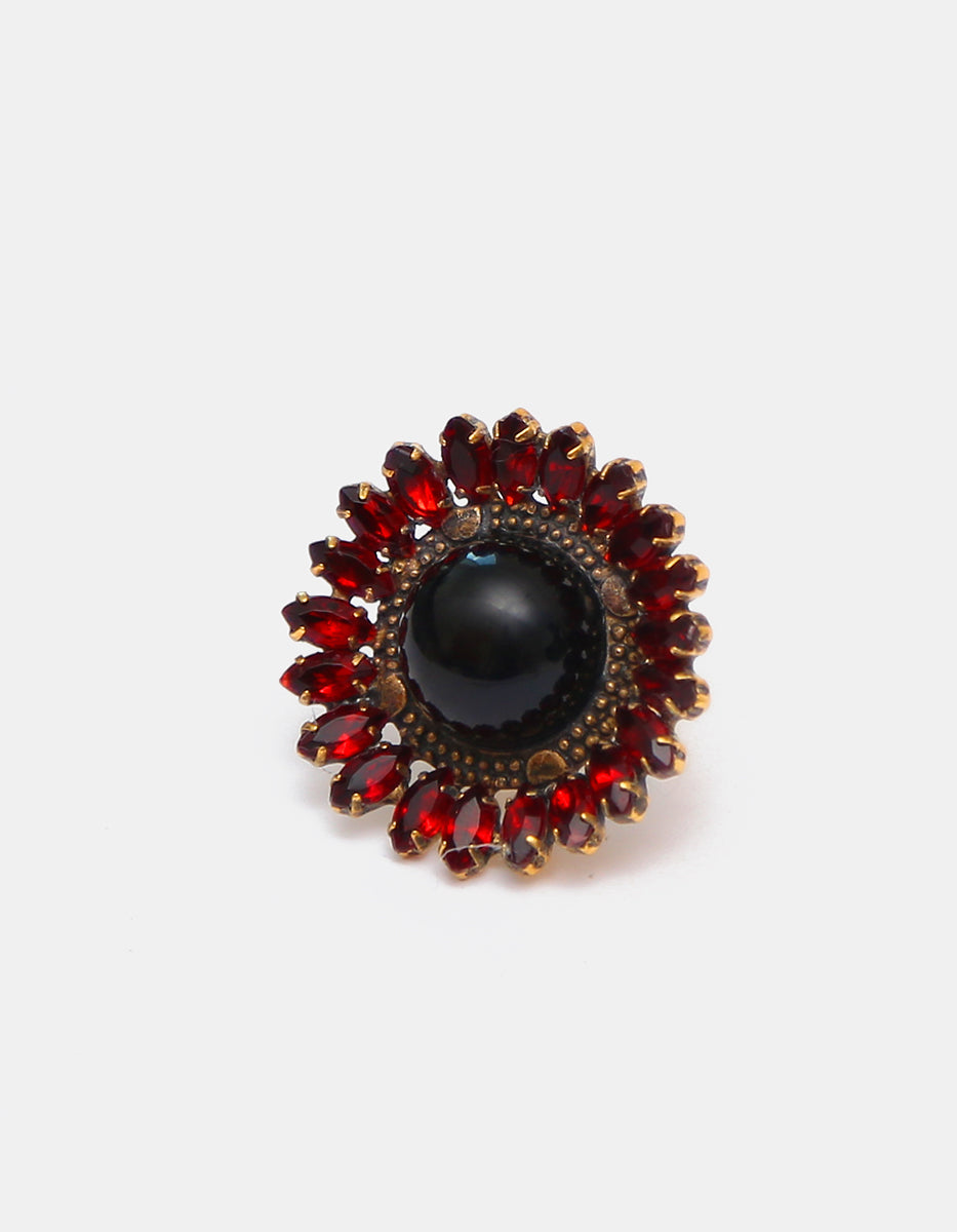 Anillo ajustable Rosetón Flor en Oro laminado con Cabujón Negro y Cristal Rubelita Corte Marquesa