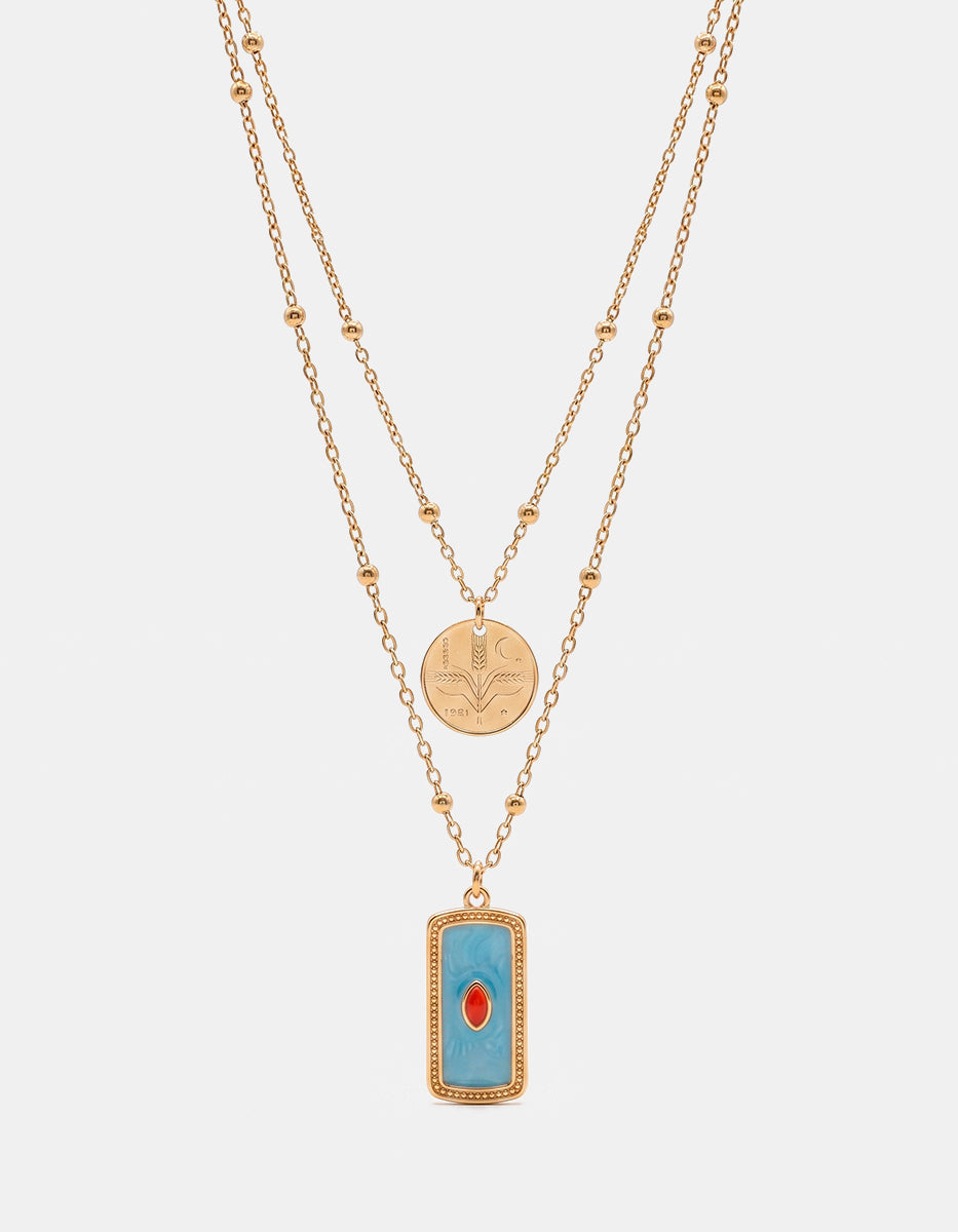Collar Doble con Moneda de Un Centavo Espiga y Dije Rectangular Azul en Baño de Oro de 22kt
