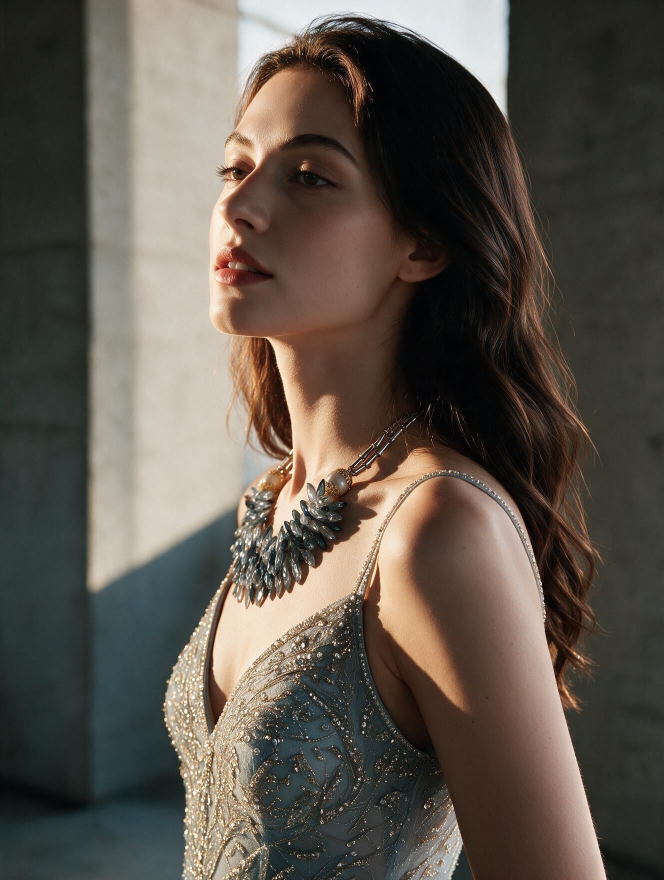 Collar Statement con Cristales Marquesa Azul y Gris, Cuentas Filigranadas y Baño de Oro de 22kt