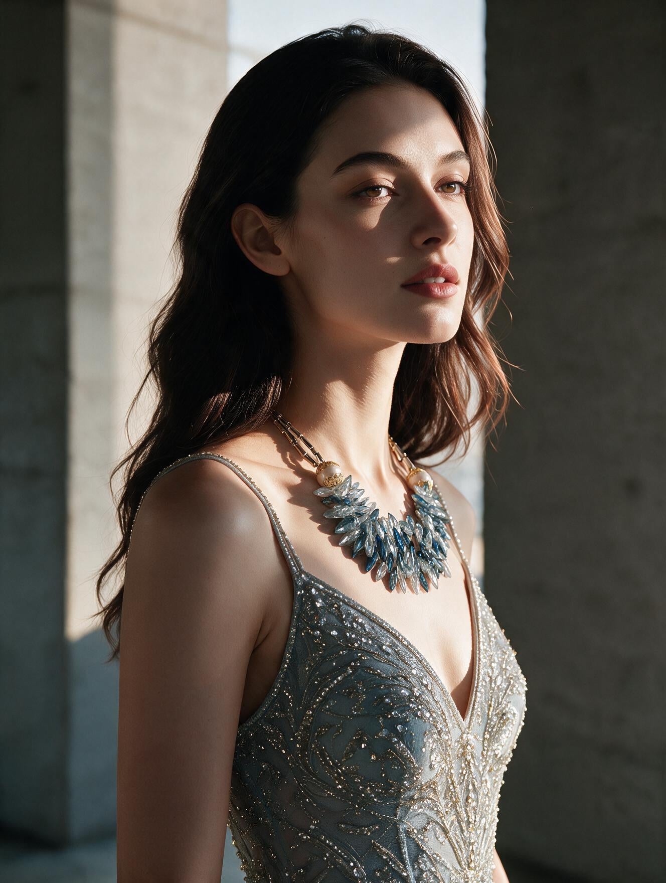 Collar Statement con Cristales Marquesa Azul y Gris, Cuentas Filigranadas y Baño de Oro de 22kt