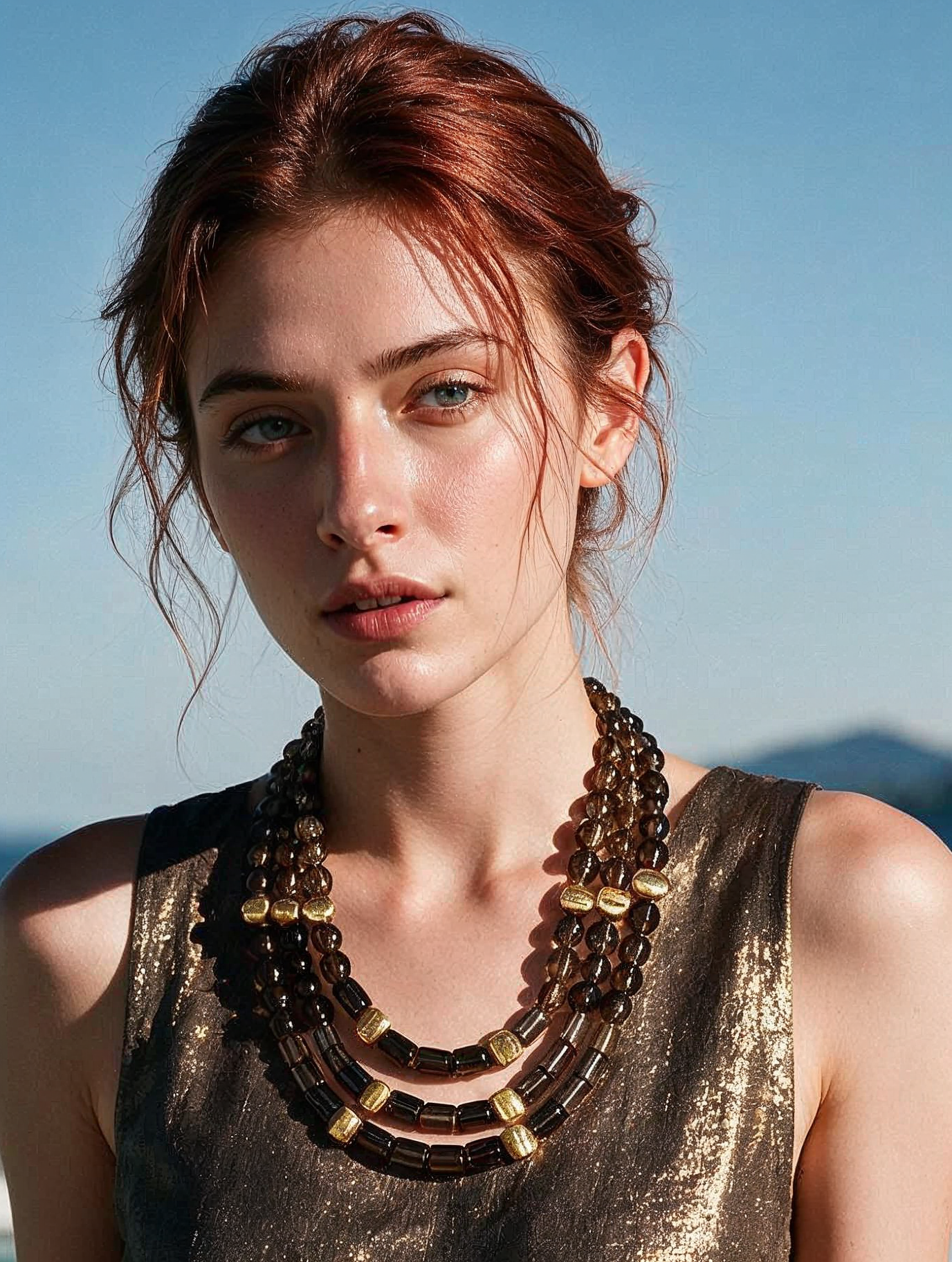 Collar Triple Statement con Cuarzo Ahumado Facetado, Cilindros Geométricos y Esferas con Baño de Oro de 22kt